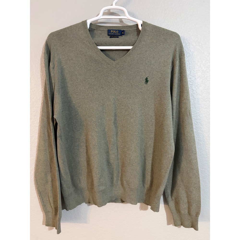 Polo Ralph Lauren Mens XL Gray V-Neck Sweater Pima Cotton Pony Logo